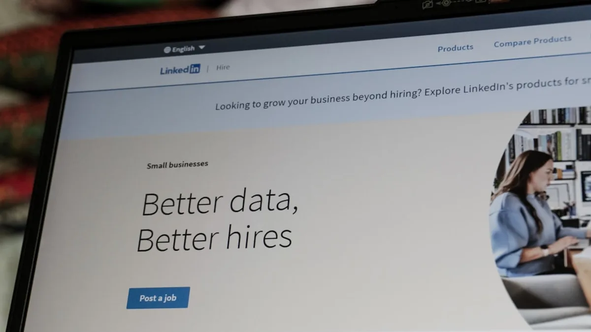 Linkedin website displaying 'better data, better hires' slogan.