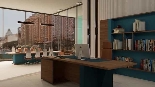 Modern office with desk and bookshelves