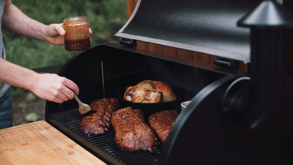 person holding knife slicing meat on black grill