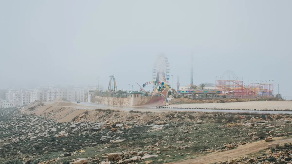 a foggy day at an amusement park
