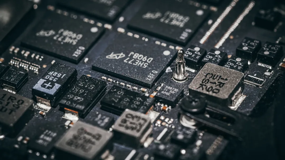 Close-up of a complex electronic circuit board with many components.