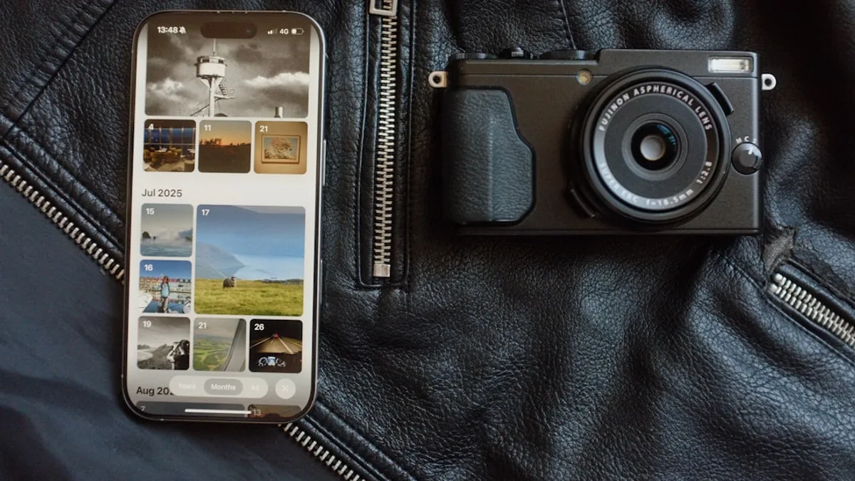 Smartphone and camera on black leather