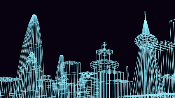 a blue drawing of a city with skyscrapers