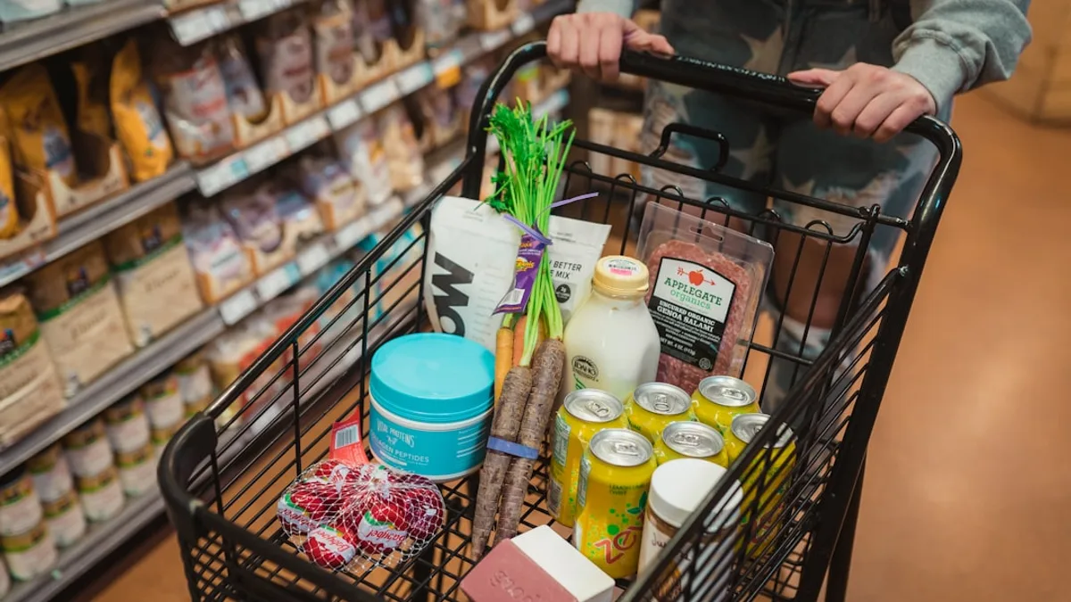 a person pushing a shopping cart full of food