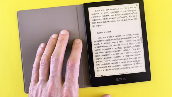 A person is reading a book on a tablet