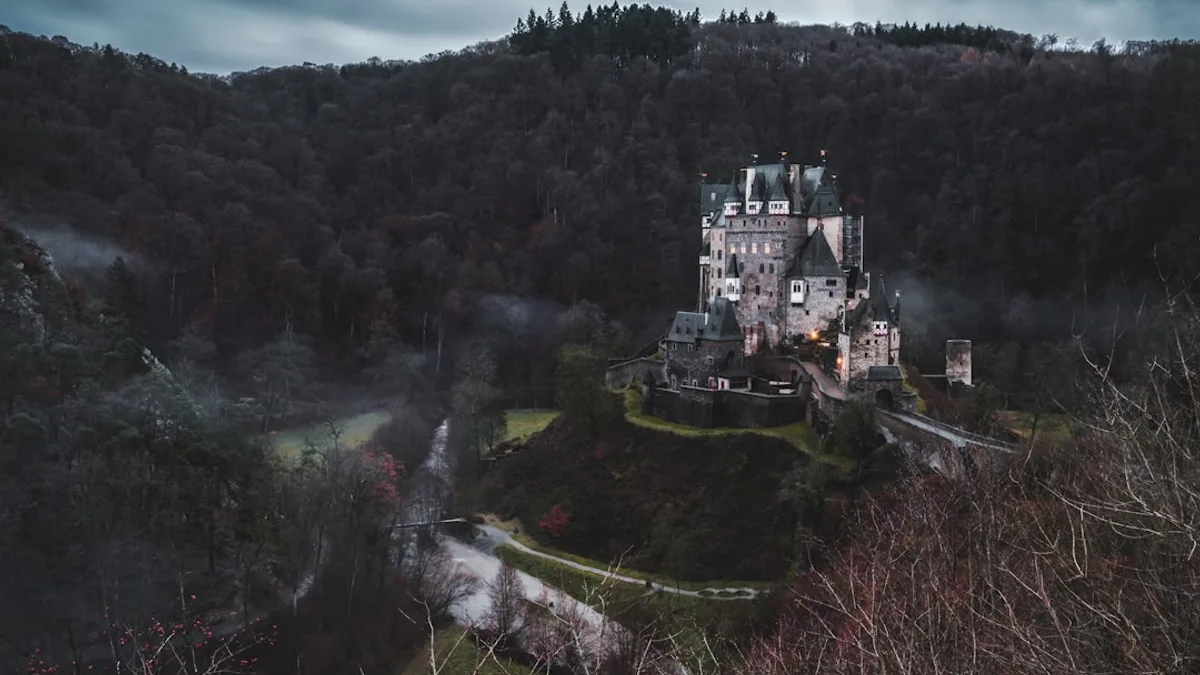 gray concrete castle surrounded by trees under gray skies
