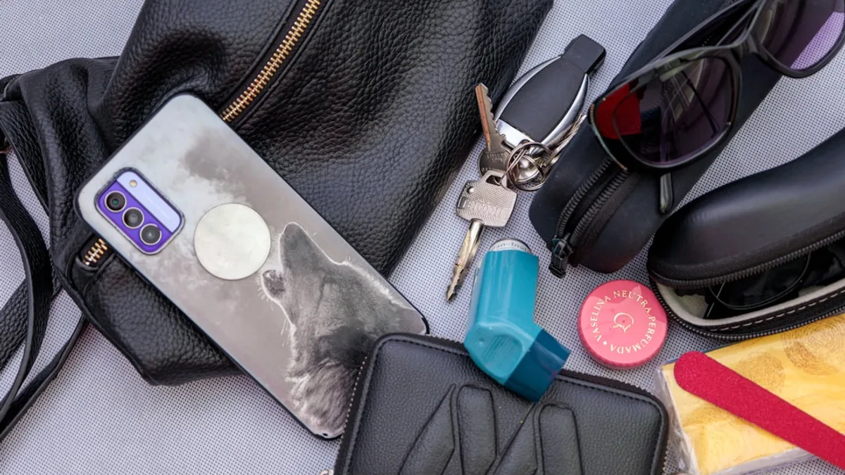 Items from a purse are scattered on a surface.
