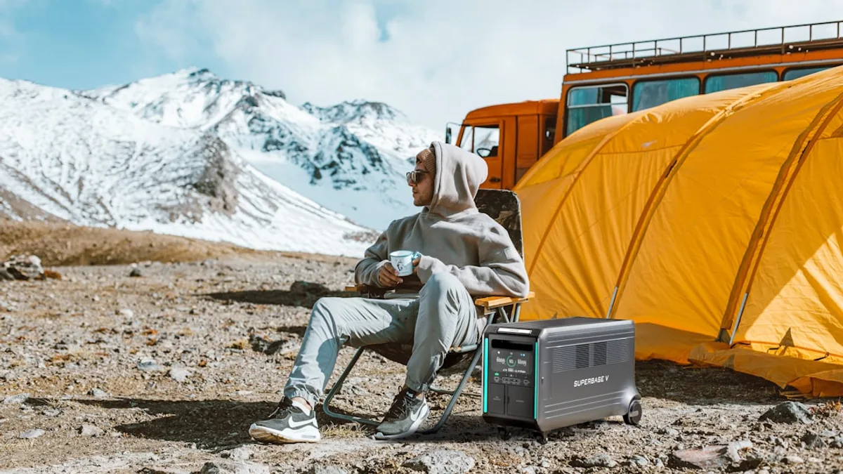 a man sitting in a chair next to a tent