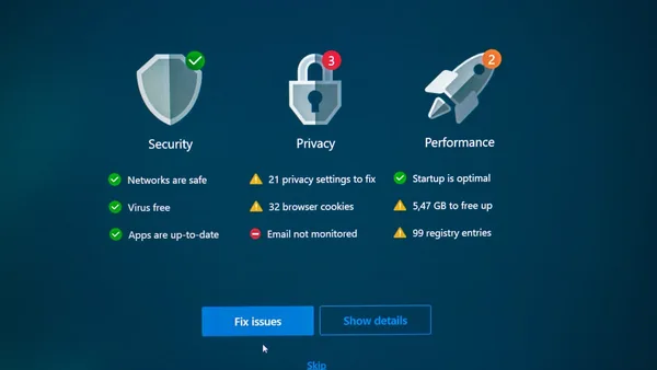 Security, privacy, and performance status with fix options.