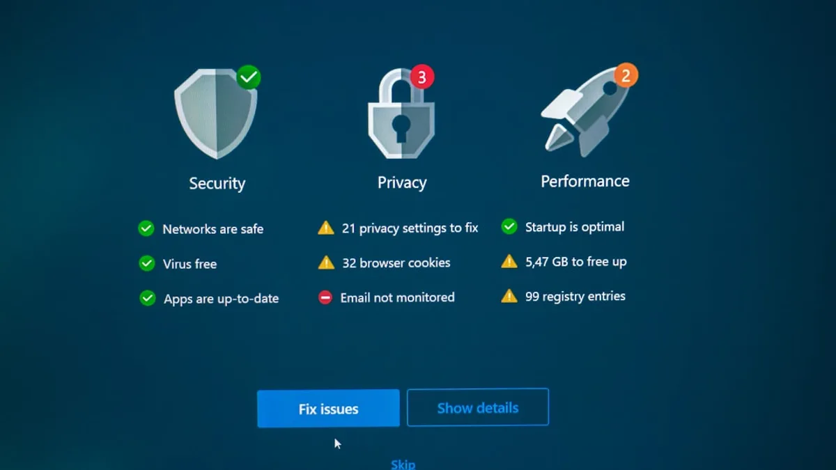 Security, privacy, and performance status with fix options.