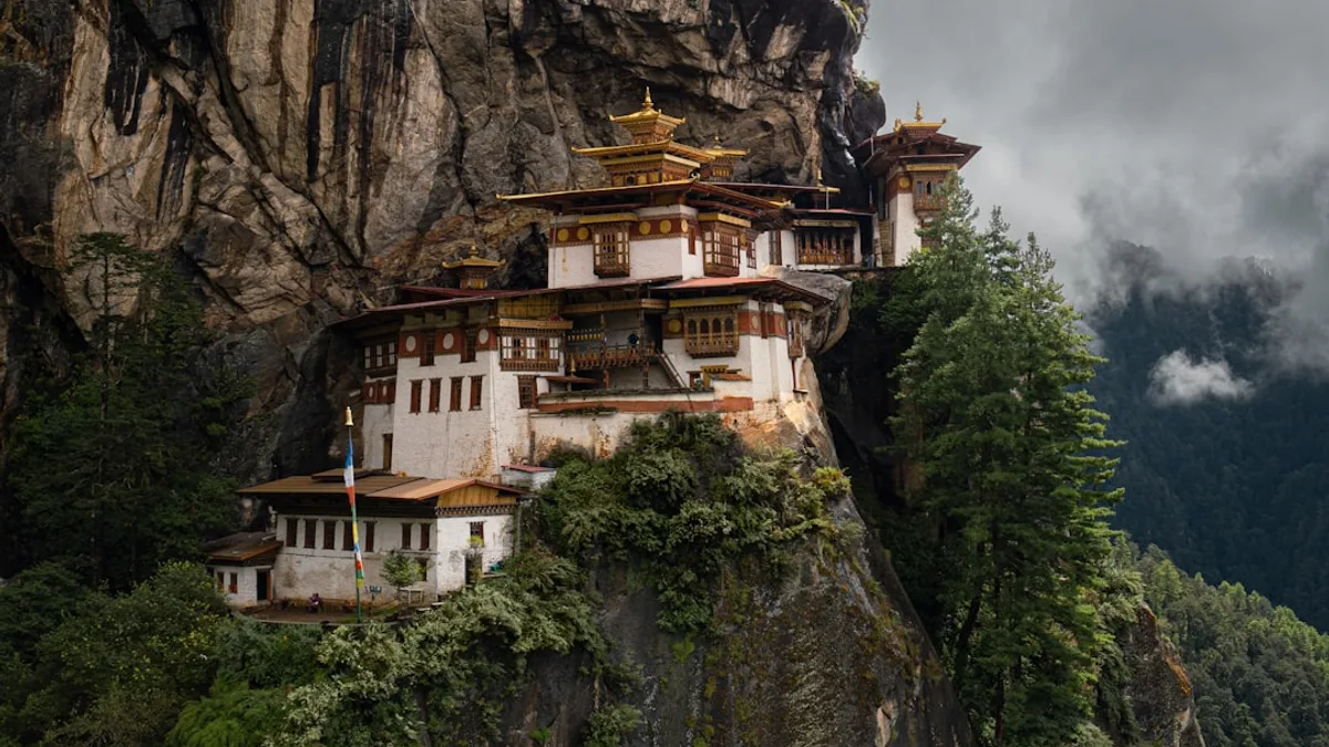 A mountain with a building on top of it