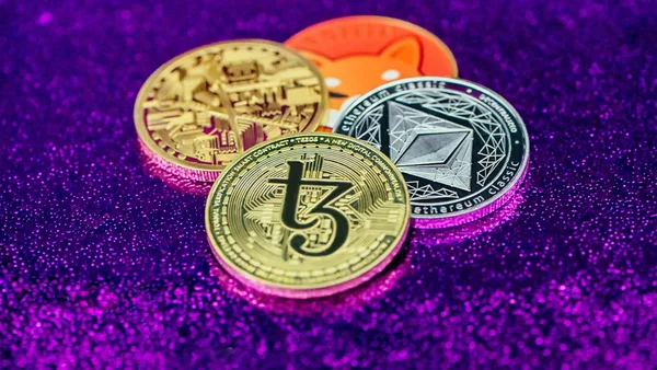 three different types of bitcoins on a purple background