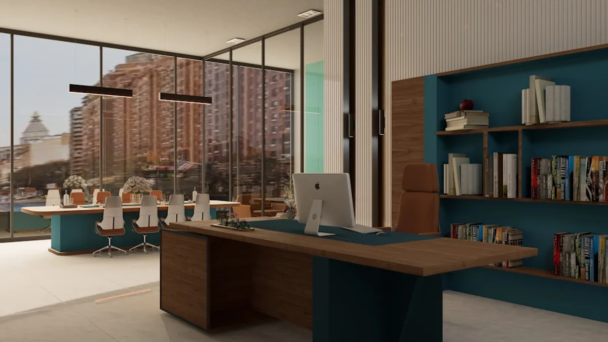 Modern office with desk and bookshelves