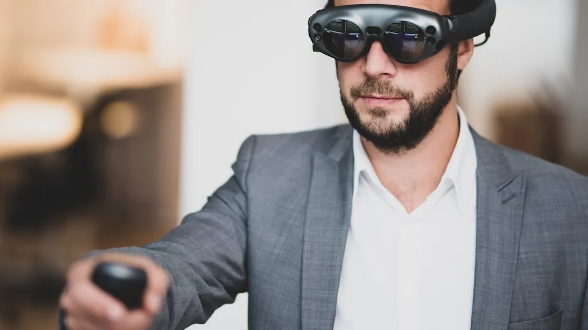 man wearing VR box and holding remote control