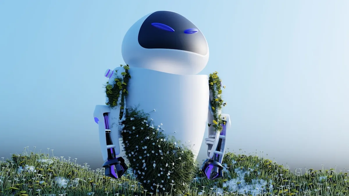 a robot sitting on top of a lush green field