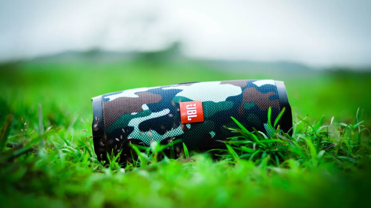 black and white floral pouch on green grass