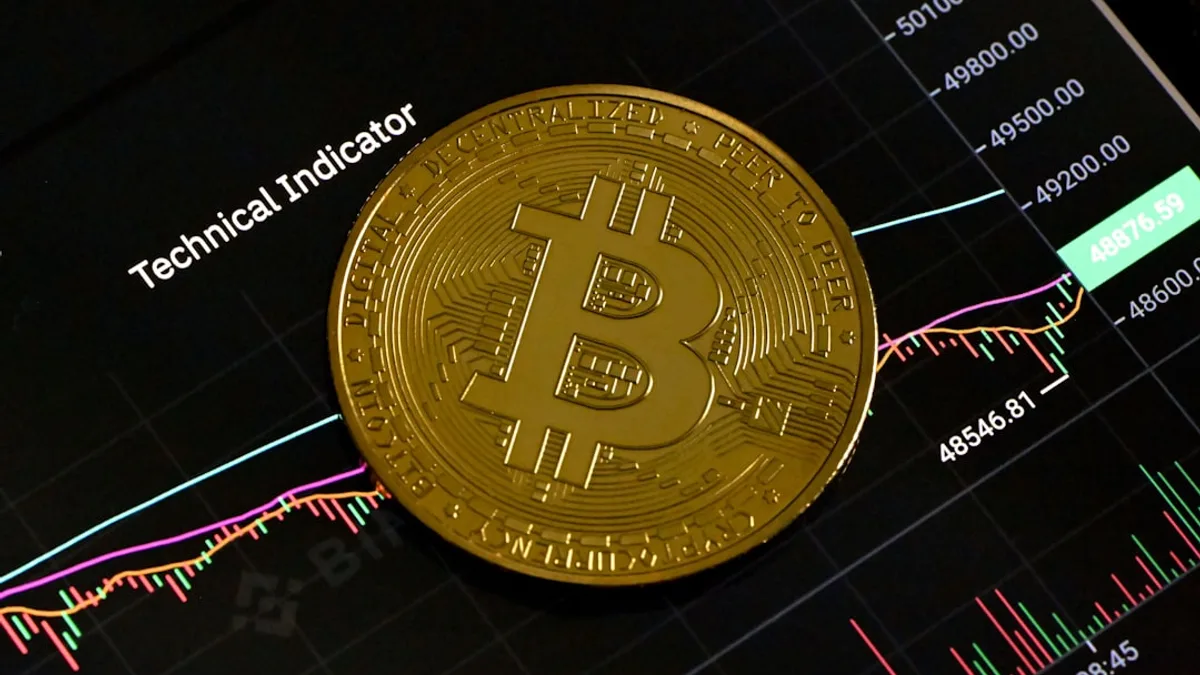 a bit coin sitting on top of a stock chart
