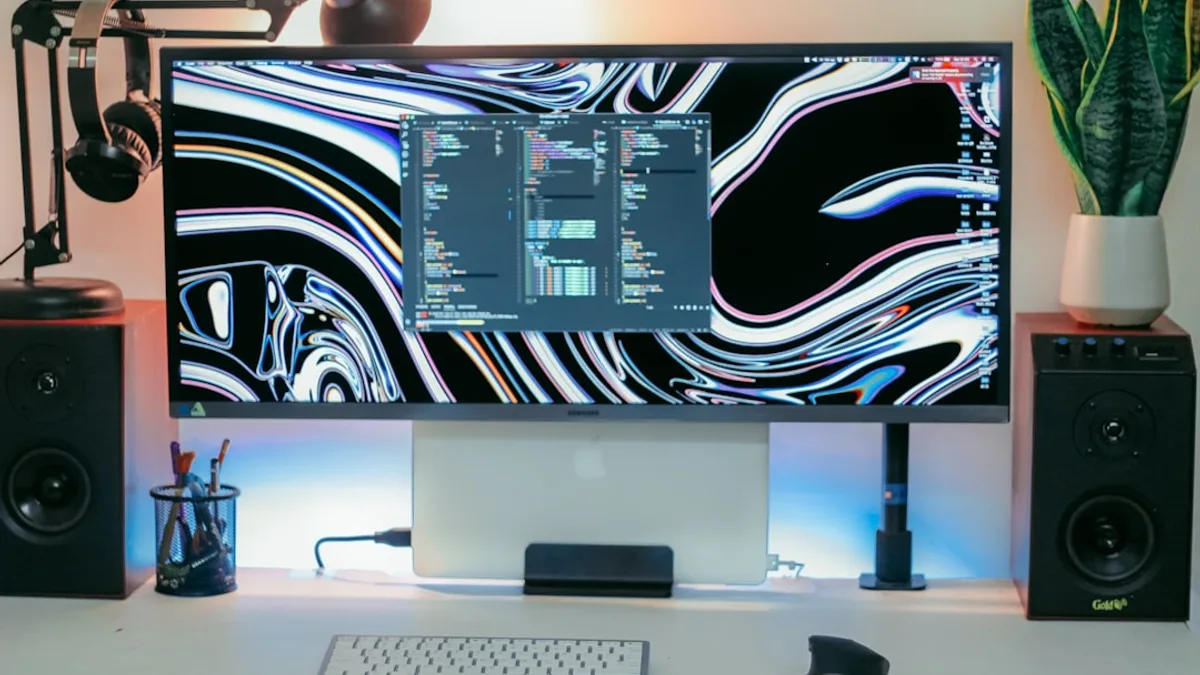 a computer monitor sitting on top of a desk