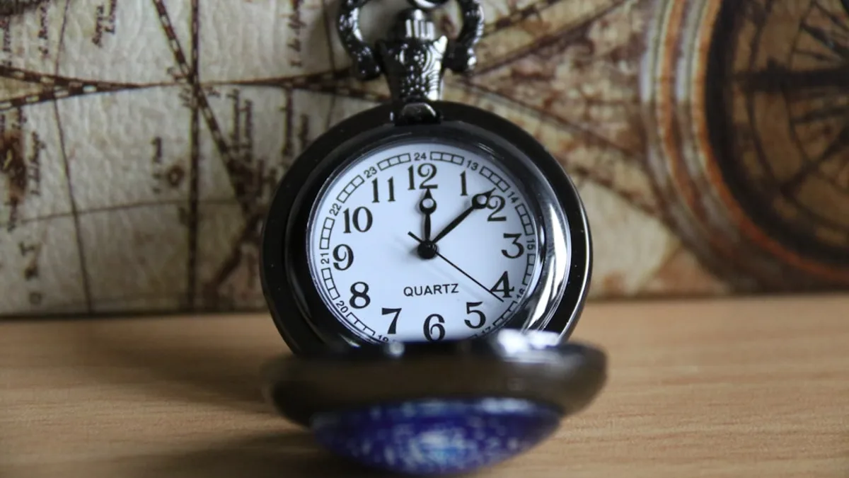 a pocket watch sitting on top of a wooden table