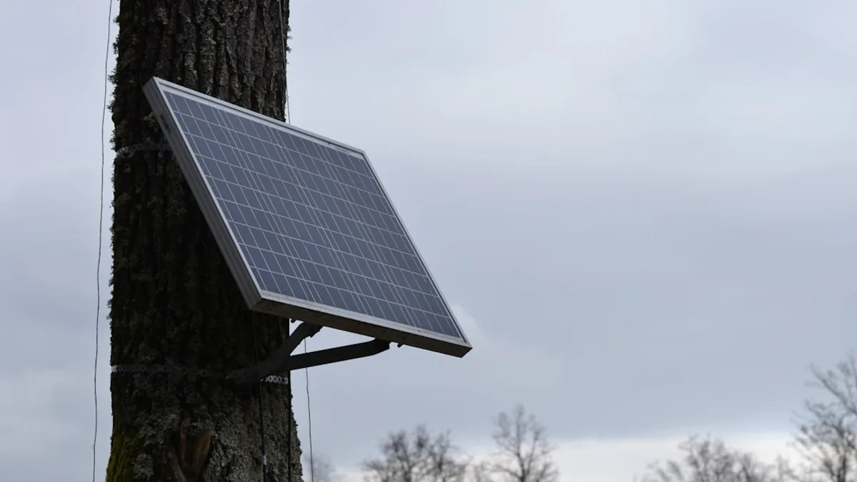a solar panel attached to a tree