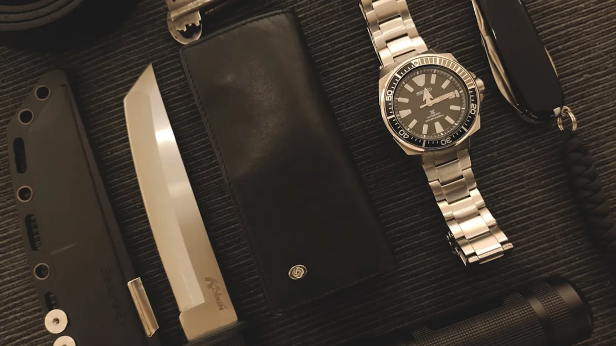 Everyday carry items on a textured surface.