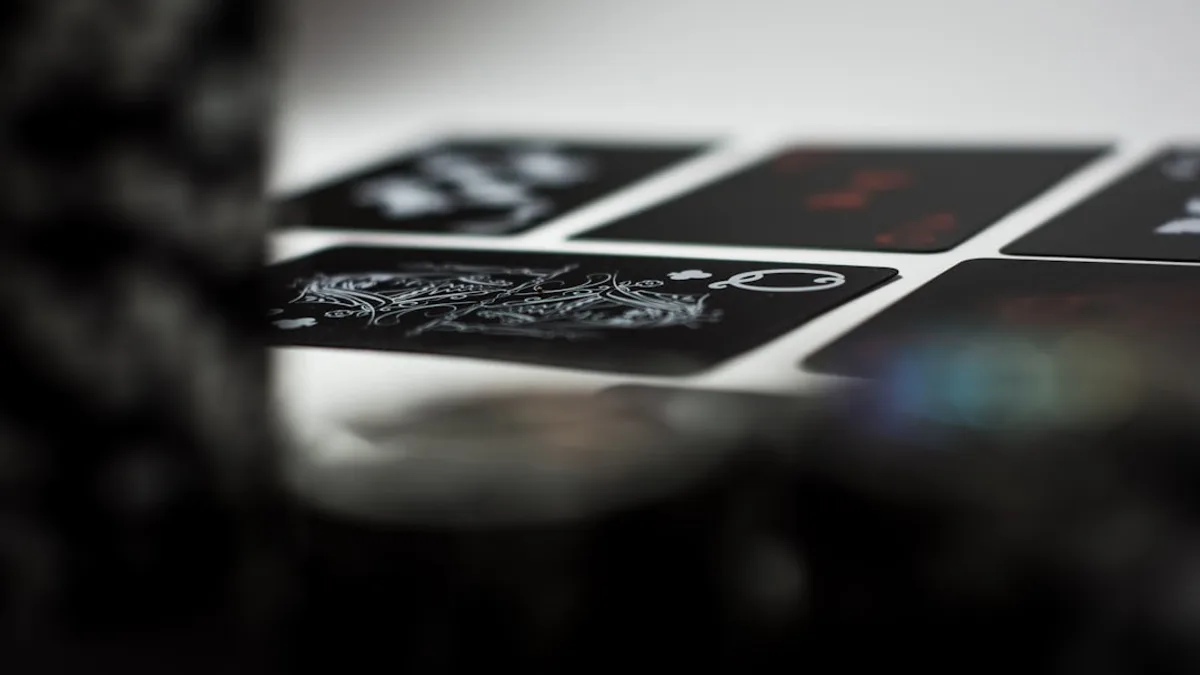 a stack of playing cards sitting on top of a table