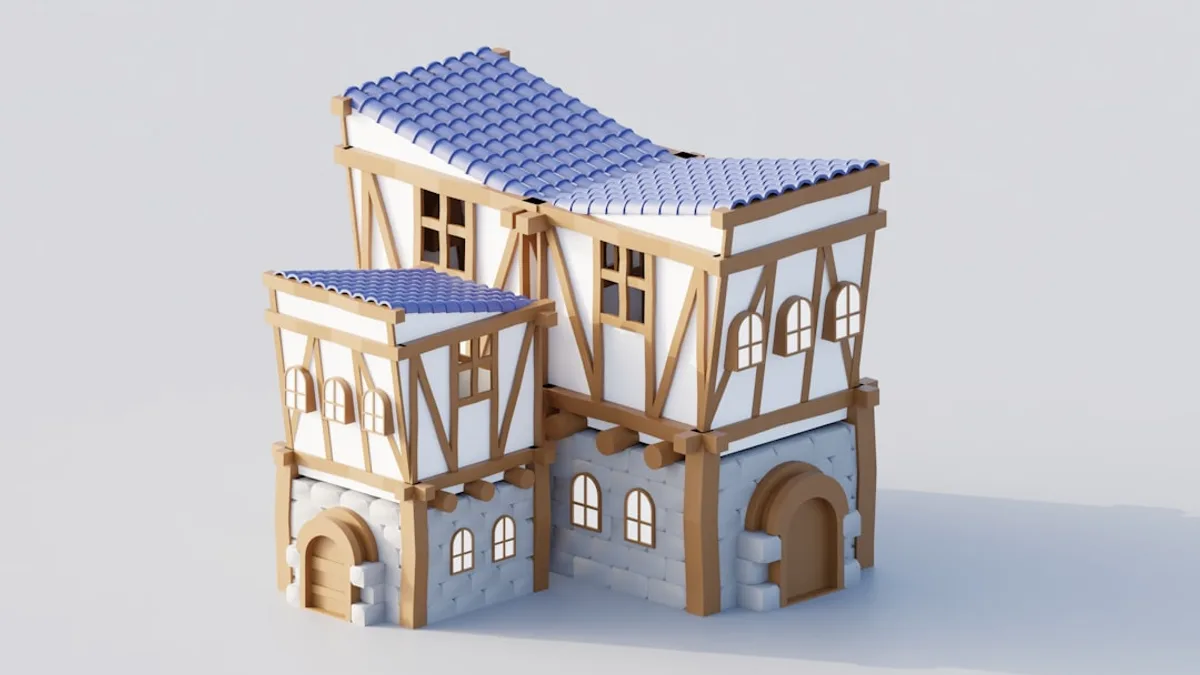 A whimsical medieval building with blue tiled roofs.