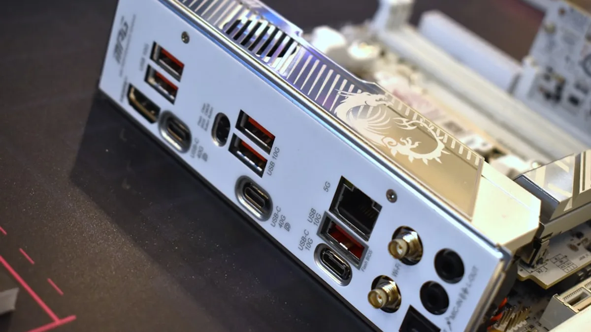 Close-up of computer motherboard rear i/o ports.