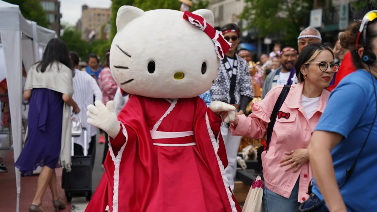 a person in a hello kitty costume walking down a street