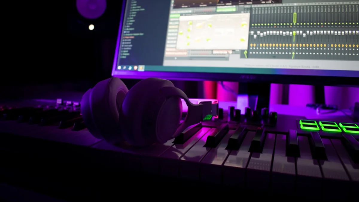 Headphones rest on a music production keyboard.