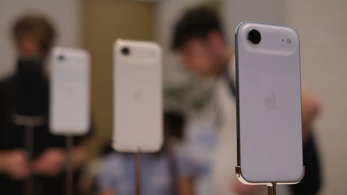 Several white smartphones displayed on stands.
