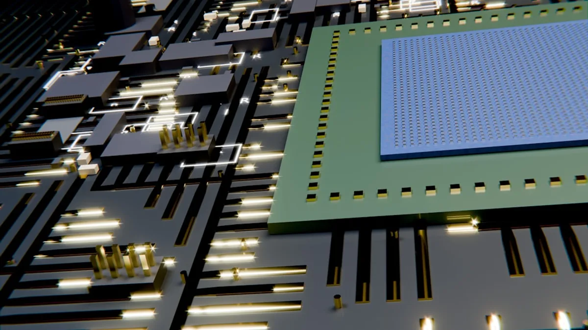 A circuit board with a central microchip and golden contacts.