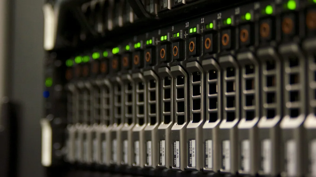 Server rack with blinking green lights