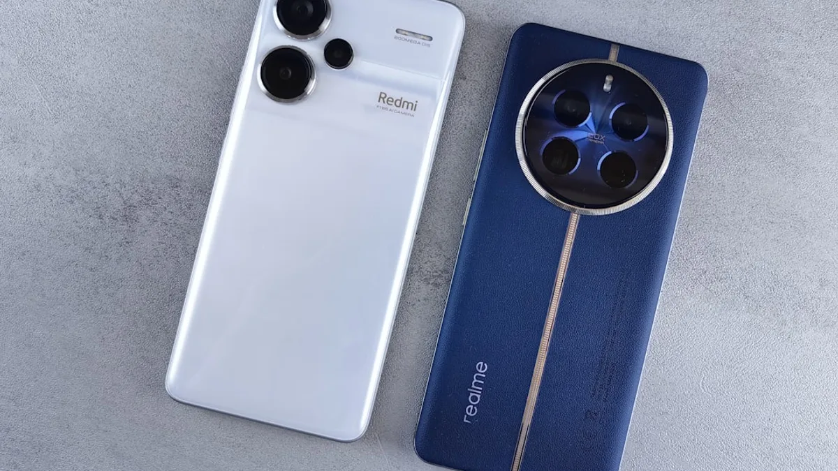 A white and blue cell phone sitting next to each other