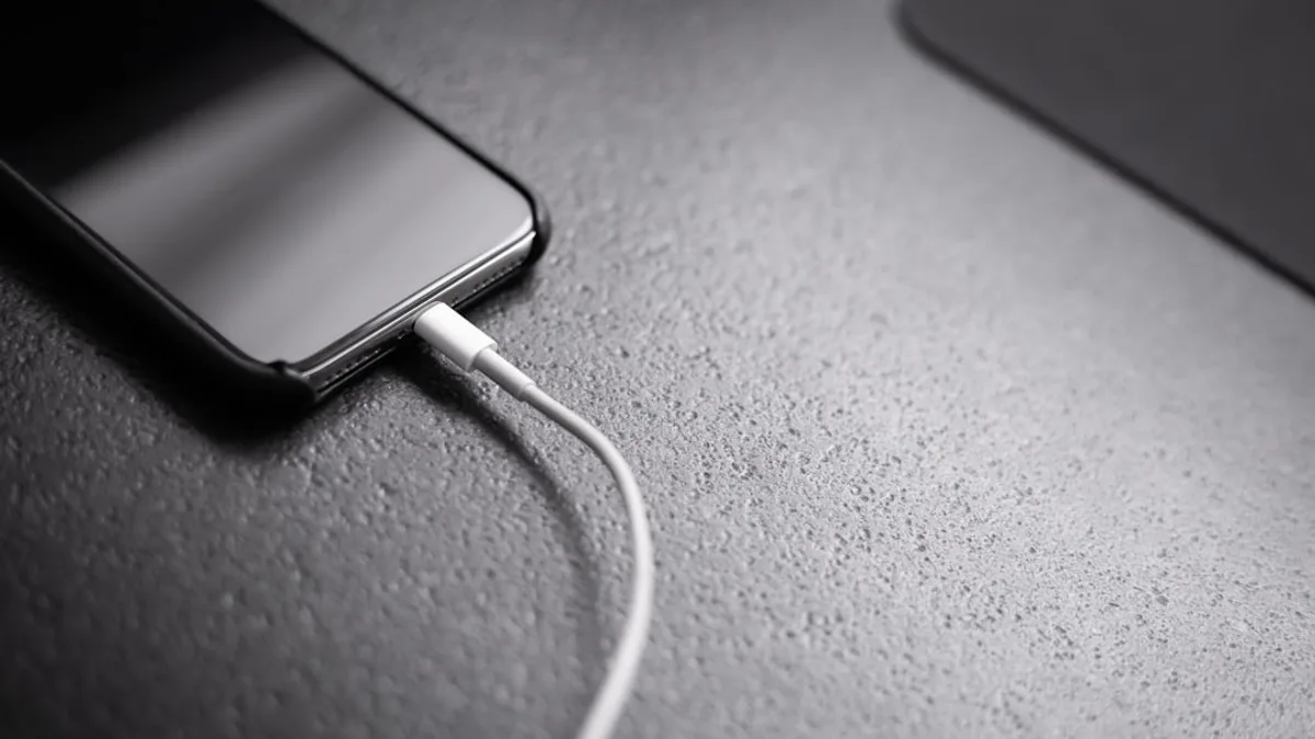black smartphone with charger cord connected