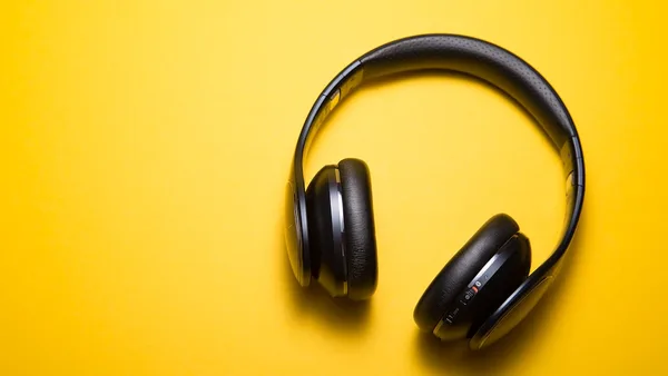 flatlay photography of wireless headphones